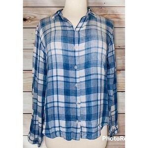 FP2 Cloth & Stone Shirt Top Blouse Blue Chambray Plaid Tunic Womens Small Button